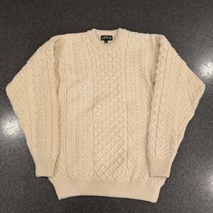 Orvis Fisherman Wool Chunky Cable Knit Sweater Men M Cream Crew Pullover Ireland